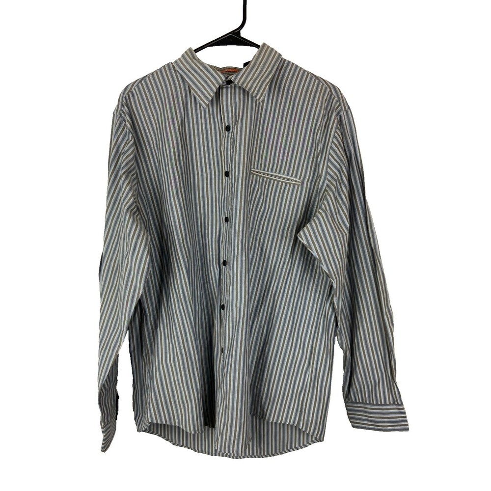 Van Heusen Traveler Mens Large 16 16.5 Gray Blue Long Sleeve Button Up Shirt